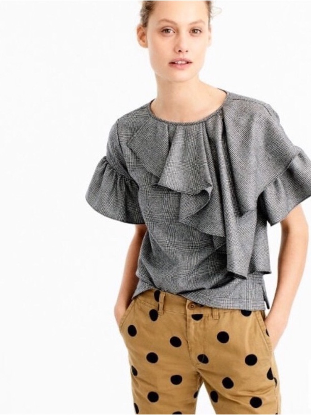 J. Crew Gray Ruffled Short-Sleeve Blouse Wool Lane Size 4
